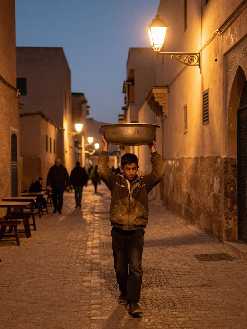 Evening Street Scene in Fez Morocco with Warm City Lights and Traditional Door Wreaths in in Fez, Morocco