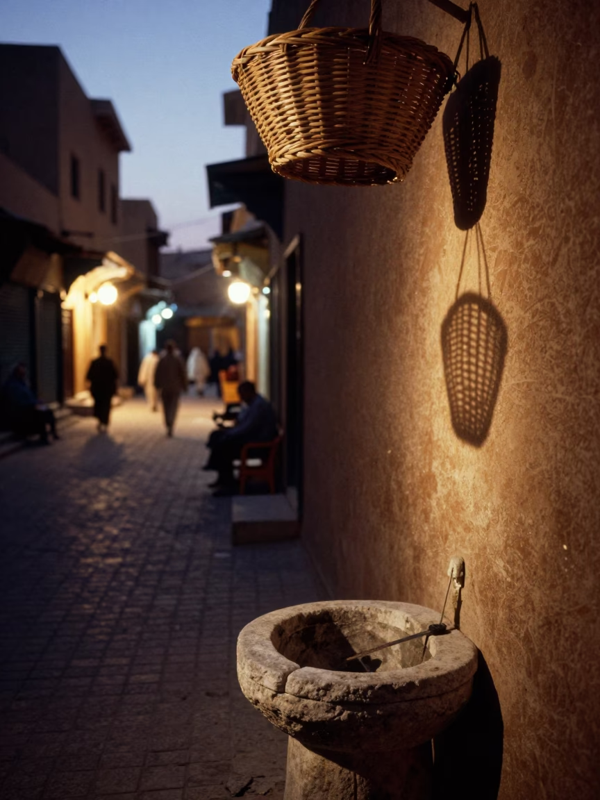 Evening Street Scene in Fez Morocco with Wicker Basket Shadow on Stone Basin in in Fez, Morocco
