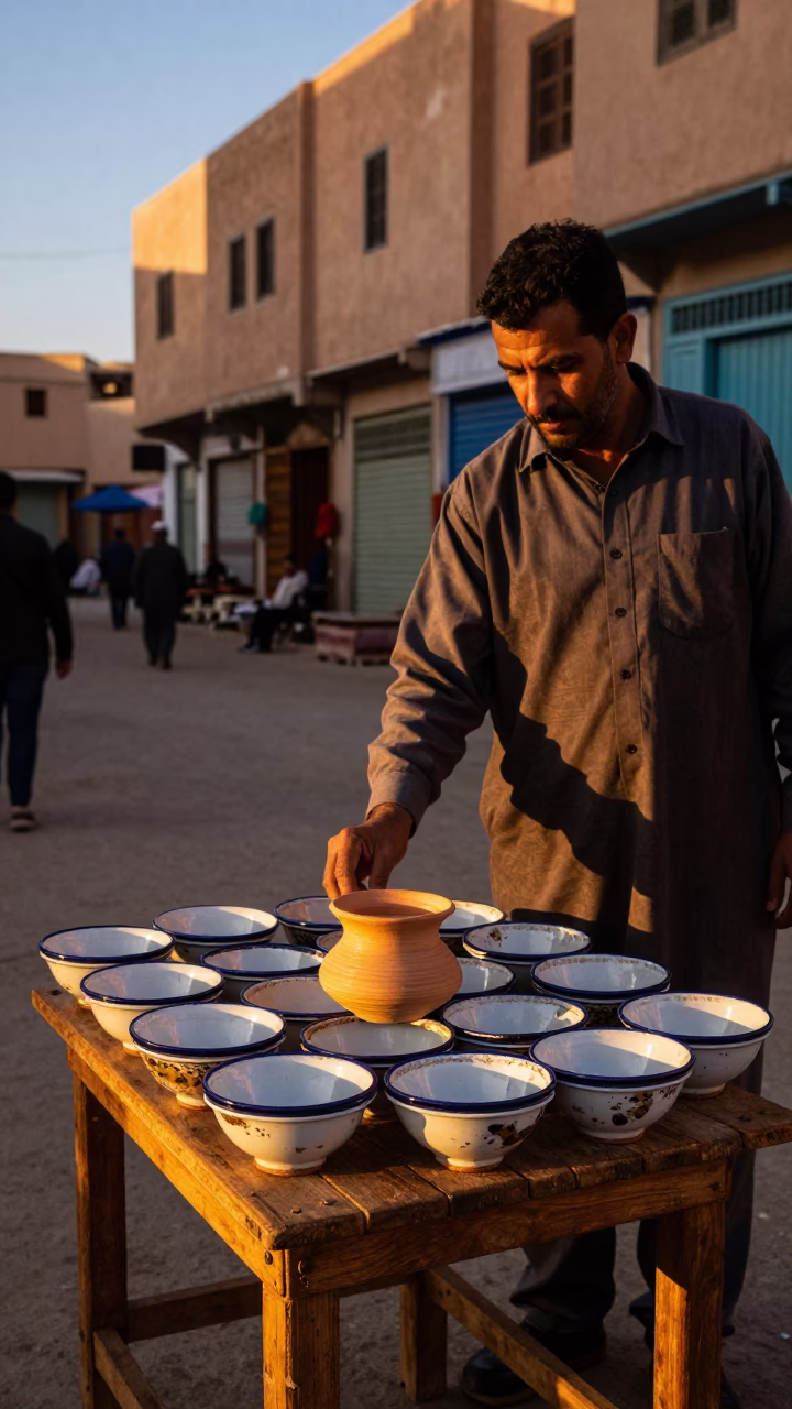 Evening Street Scene in Fez Morocco with Wooden Tray and Enamel Bowls in in Fez, Morocco