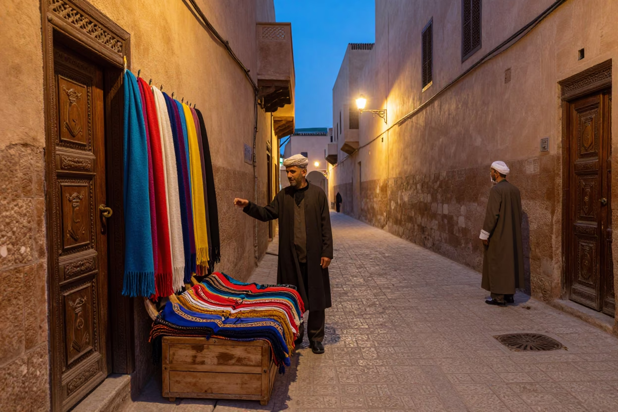 Evening Street Scene in Fez Morocco with Wool Scarves and Traditional Architecture in in Fez, Morocco