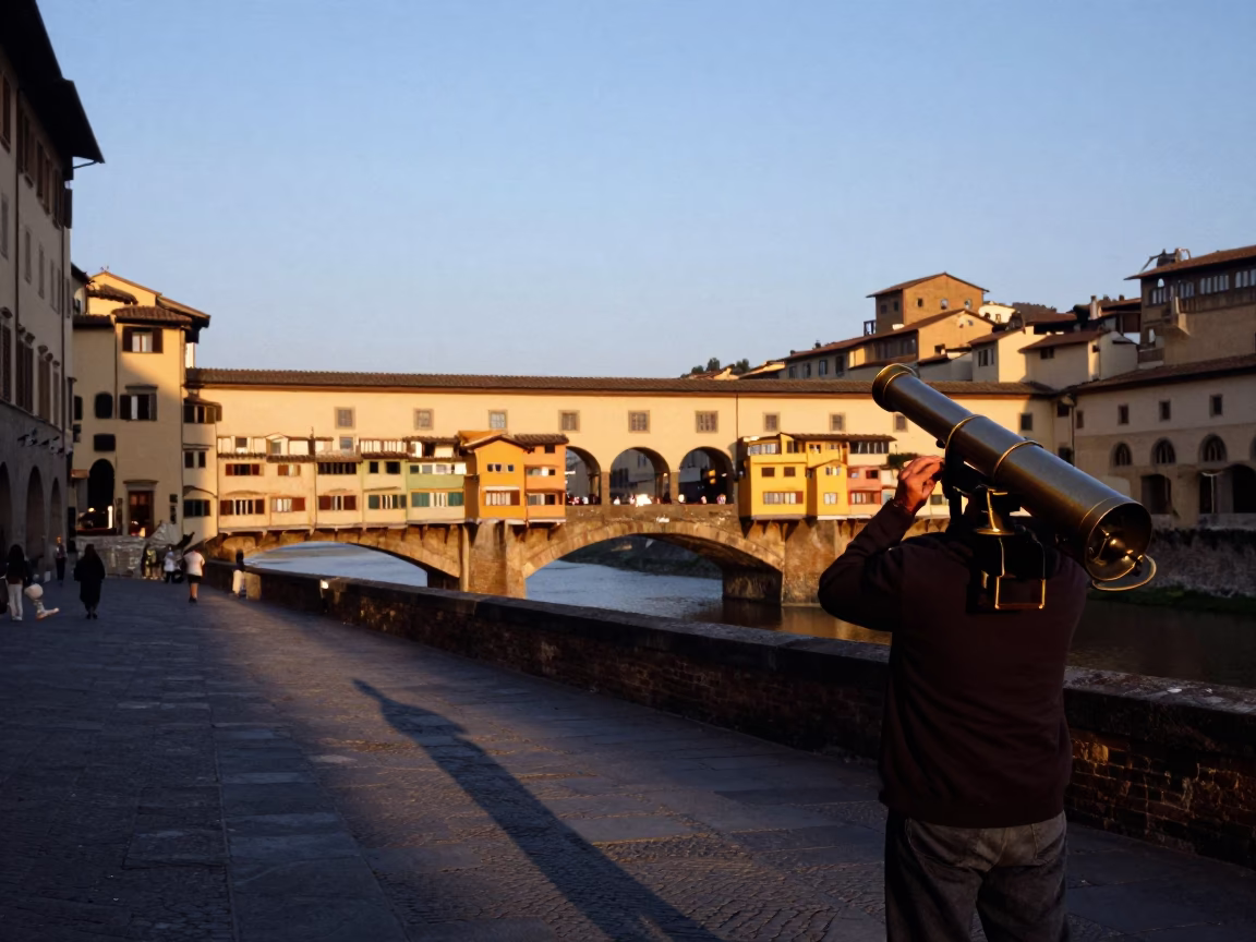 Evening Street Scene in Florence Italy with Antique Telescope Counterweight in in Florence, Italy