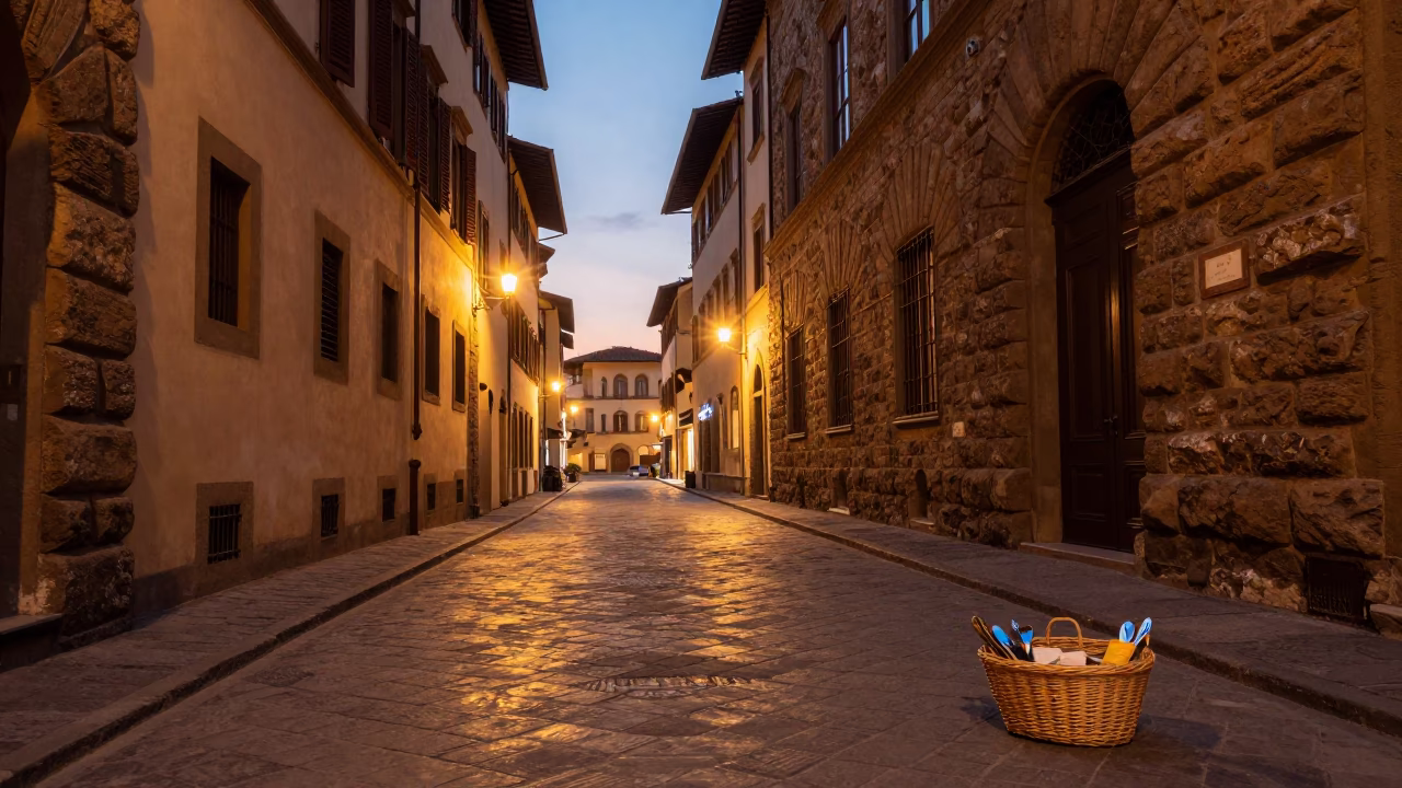 Evening Street Scene in Florence Italy with Basket and Cutlery at Dusk in in Florence, Italy