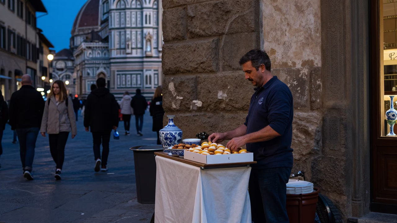 Evening Street Scene in Florence Italy with Blue White Porcelain and Petits Fours in in Florence, Italy