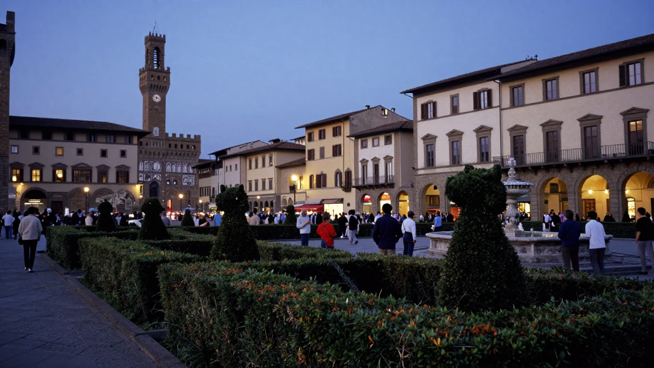Evening Street Scene in Florence Italy with Boxwood Hedges and Local Diners in in Florence, Italy