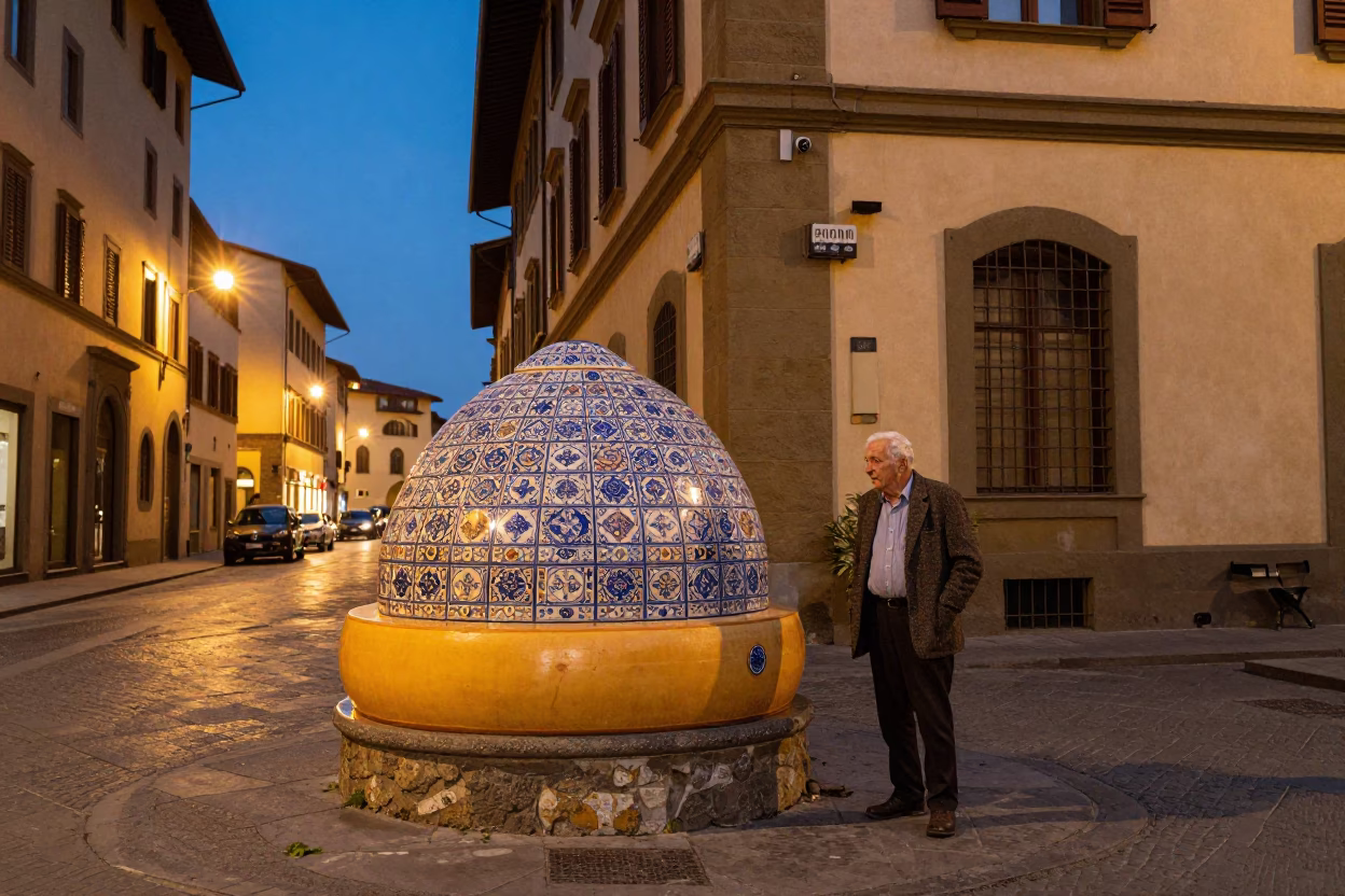 Evening Street Scene in Florence Italy with Ceramic Beehive Cheese Dome on Slate in in Florence, Italy