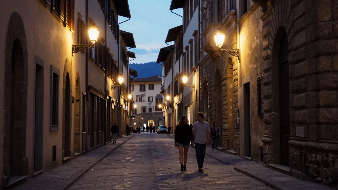 Evening Street Scene in Florence Italy with Cobblestones and City Lights in in Florence, Italy