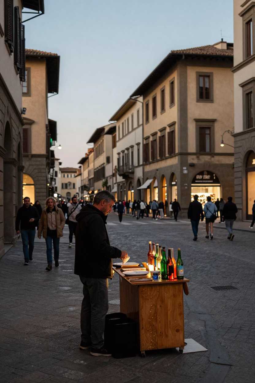Evening Street Scene in Florence Italy with Colored Glass Bottle and Dates in in Florence, Italy