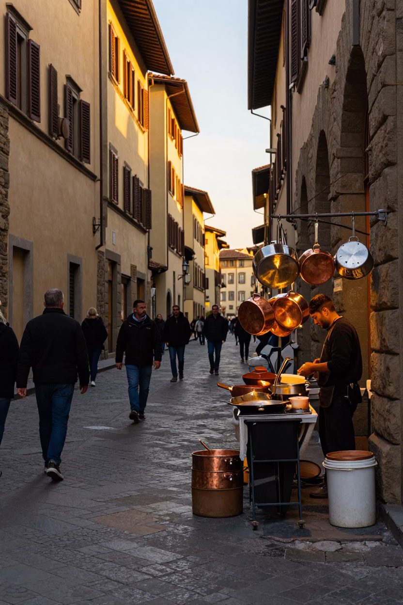 Evening Street Scene in Florence Italy with Cookware and Urban Life in in Florence, Italy