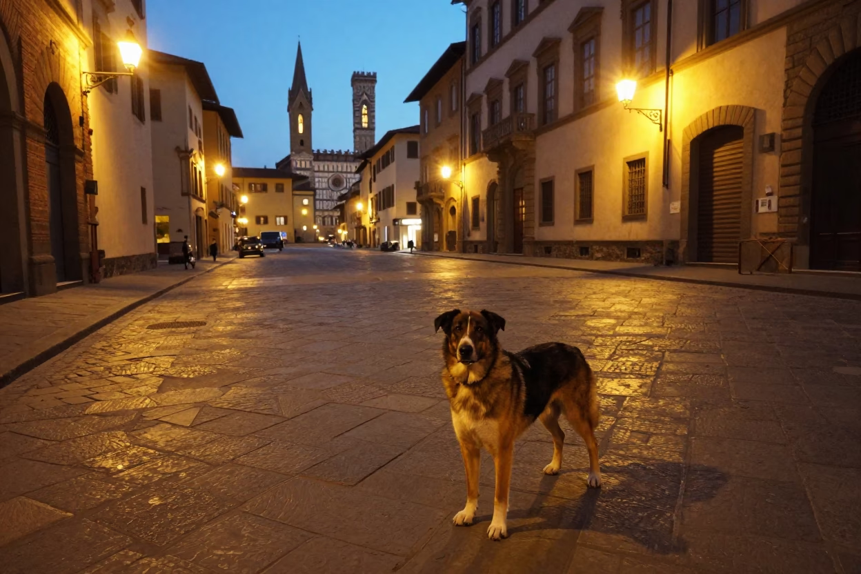 Evening Street Scene in Florence Italy with Drentsche Patrijshond and Cobblestone Plaza in in Florence, Italy