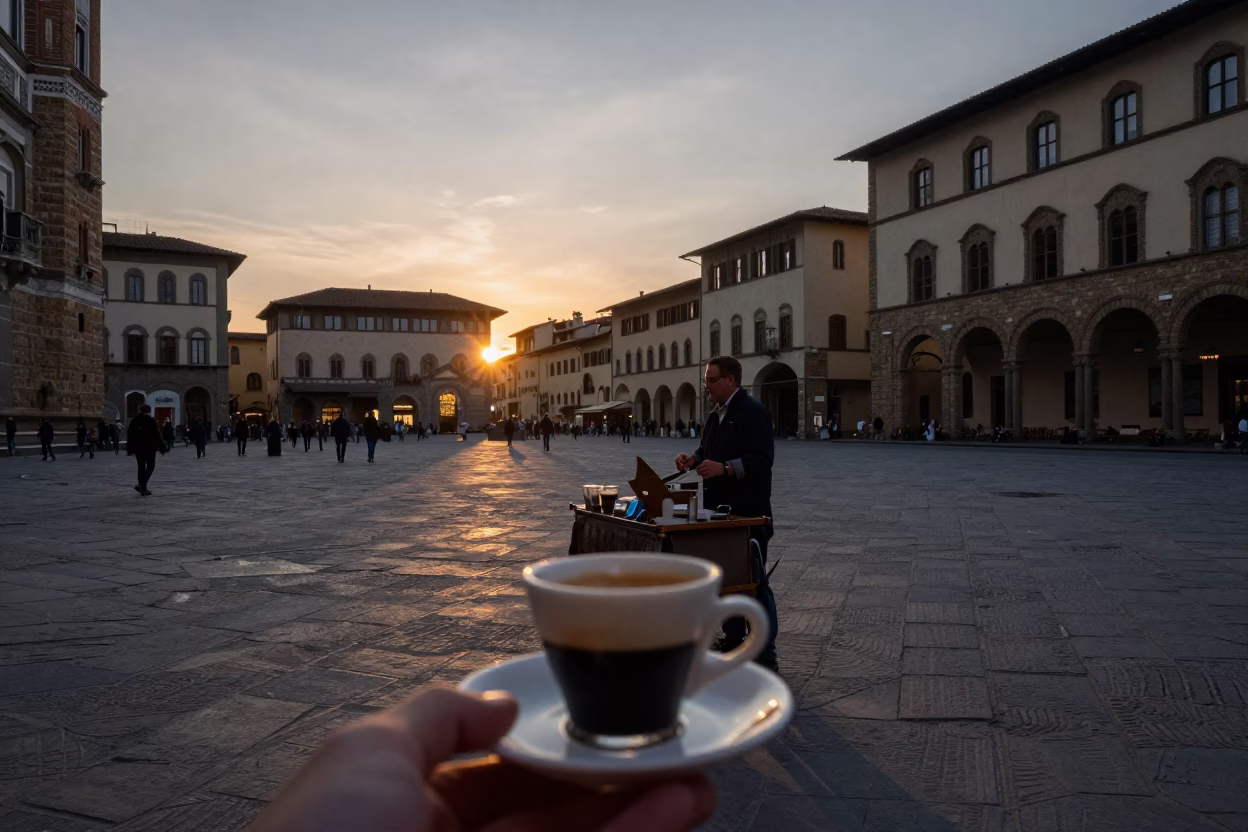 Evening Street Scene in Florence Italy with Espresso Cup and Local Interaction in in Florence, Italy