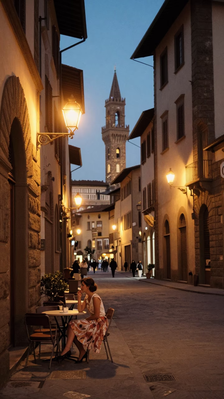 Evening street scene in Florence Italy with glowing lights and local architecture in in Florence, Italy