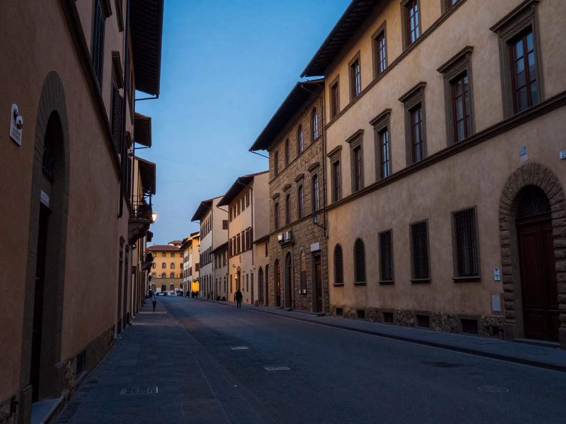 Evening street scene in Florence Italy with historic architecture and urban life in in Florence, Italy