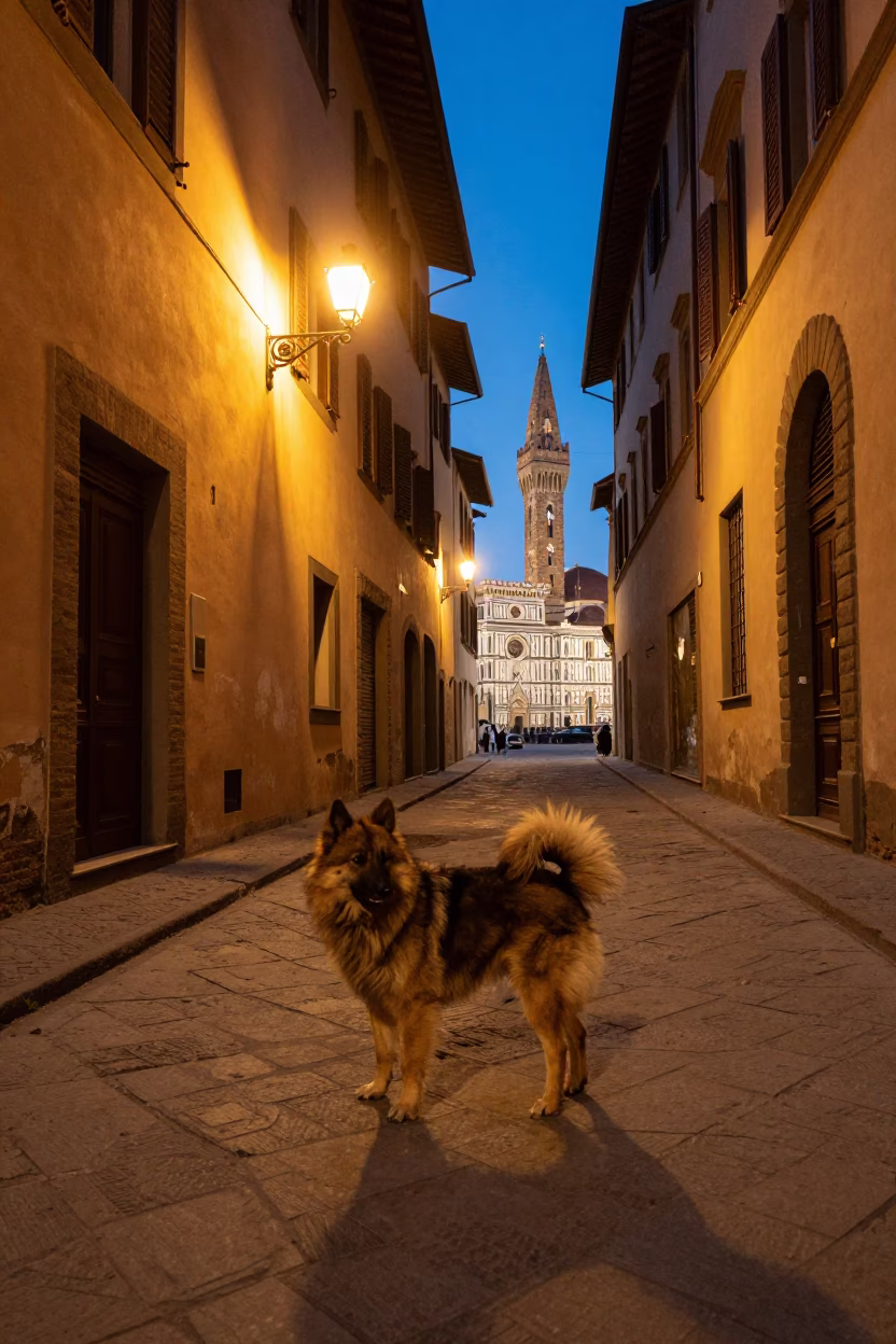 Evening street scene in Florence Italy with Keeshond dog near historic architecture in in Florence, Italy
