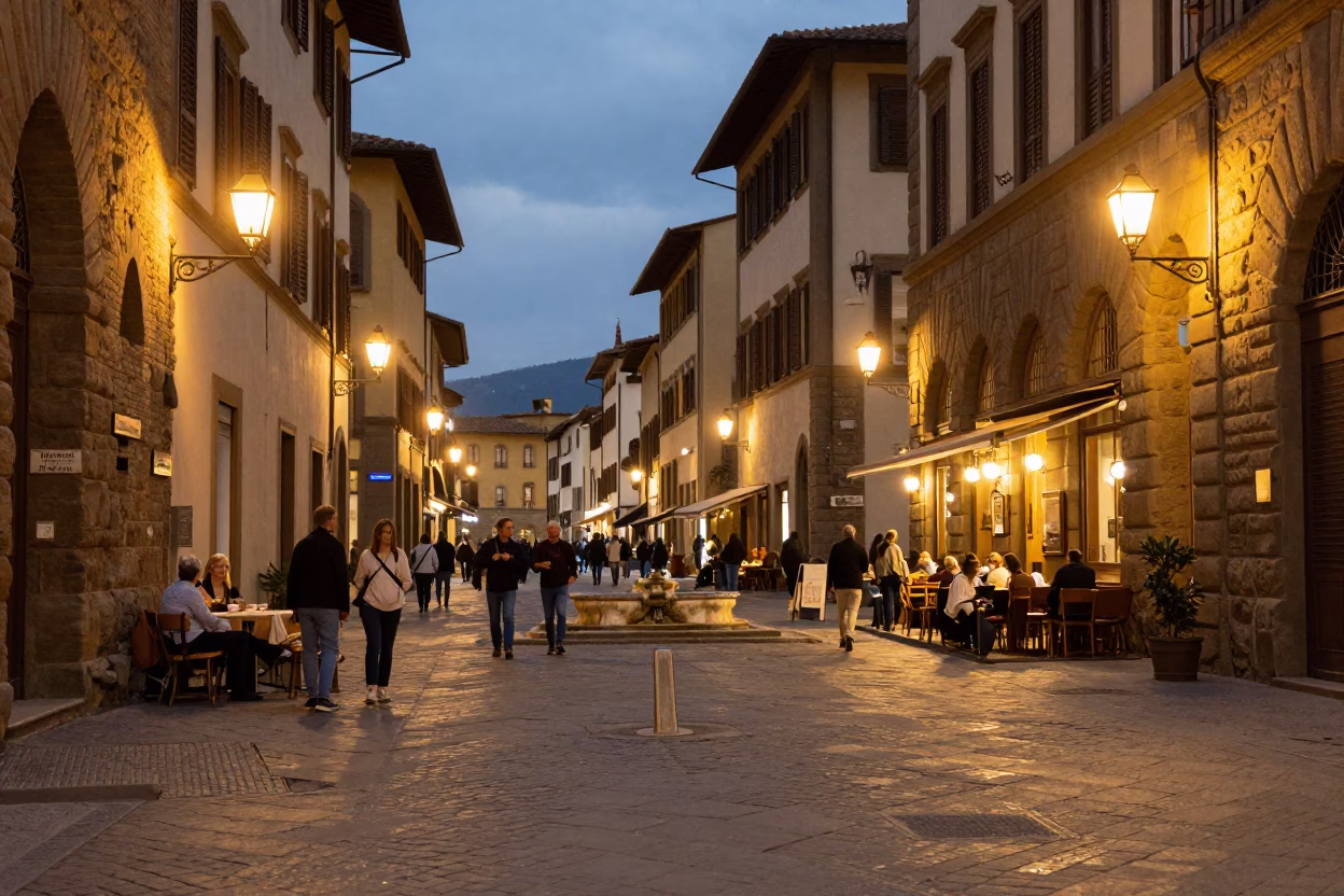 Evening Street Scene in Florence Italy with Lanterns and Tourists in in Florence, Italy