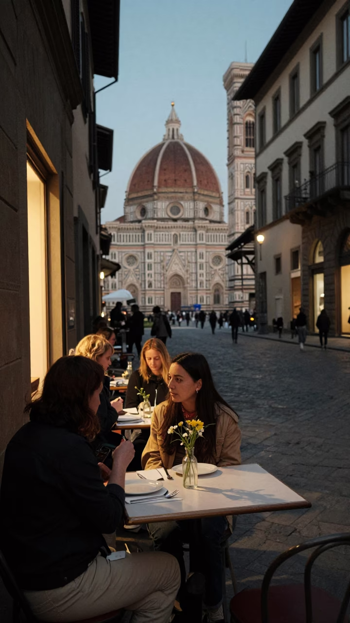 Evening Street Scene in Florence Italy with Local Diners and Historic Architecture in in Florence, Italy
