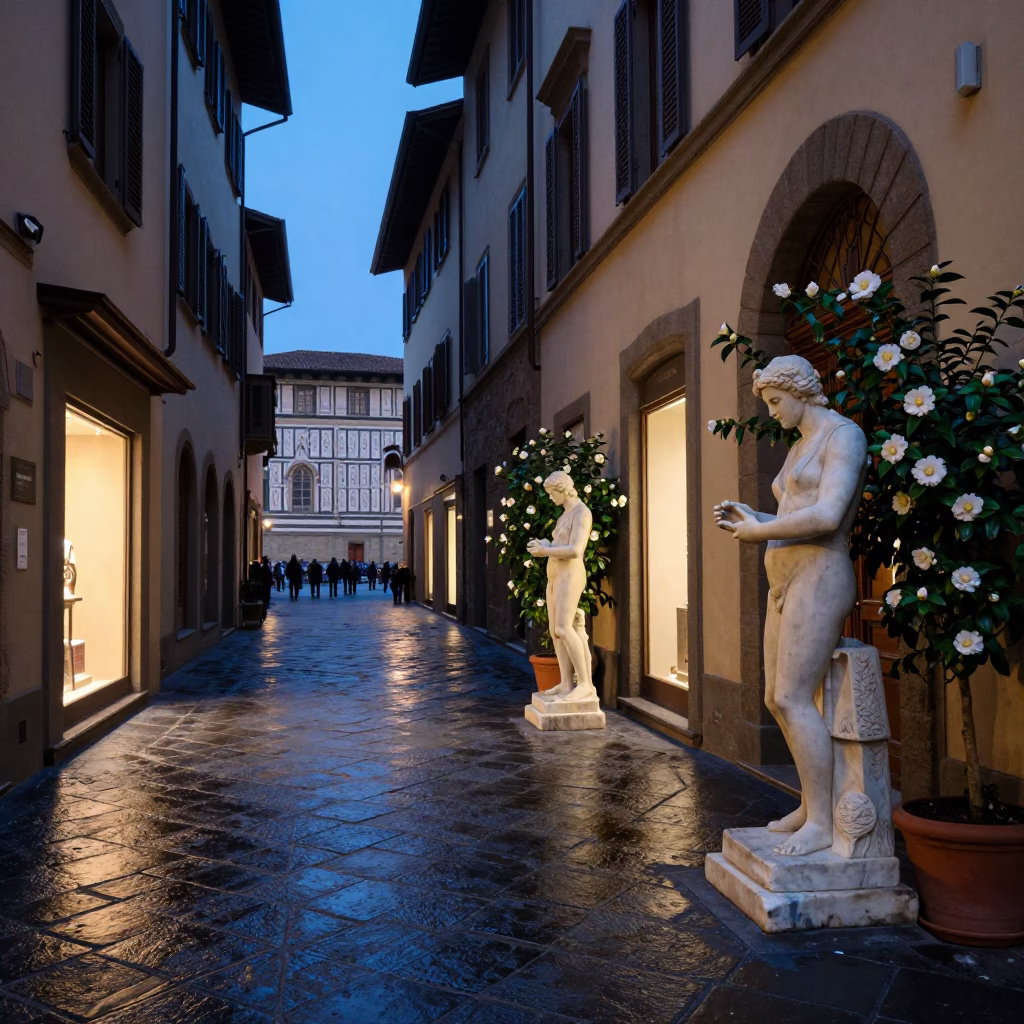 Evening Street Scene in Florence Italy with Marble Artisans and Camellia in in Florence, Italy