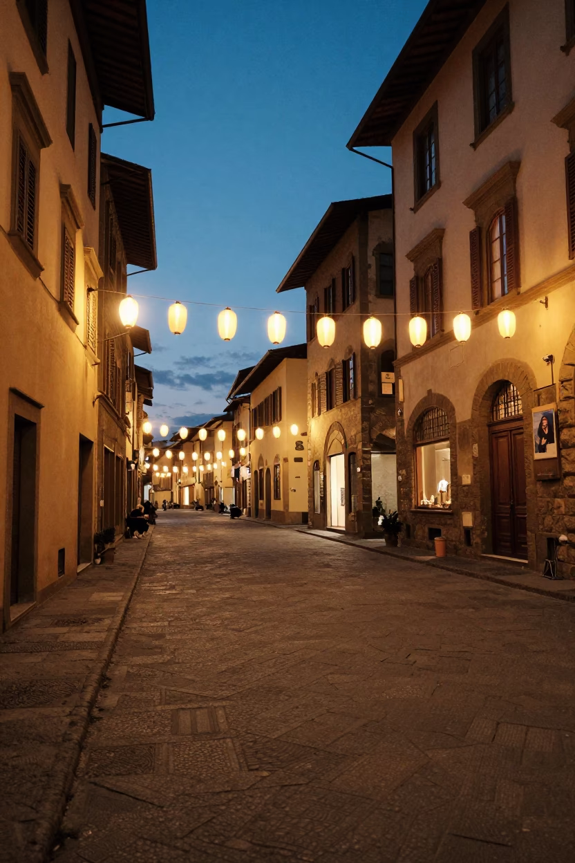 Evening Street Scene in Florence Italy with Paper Lanterns and Traditional Architecture in in Florence, Italy