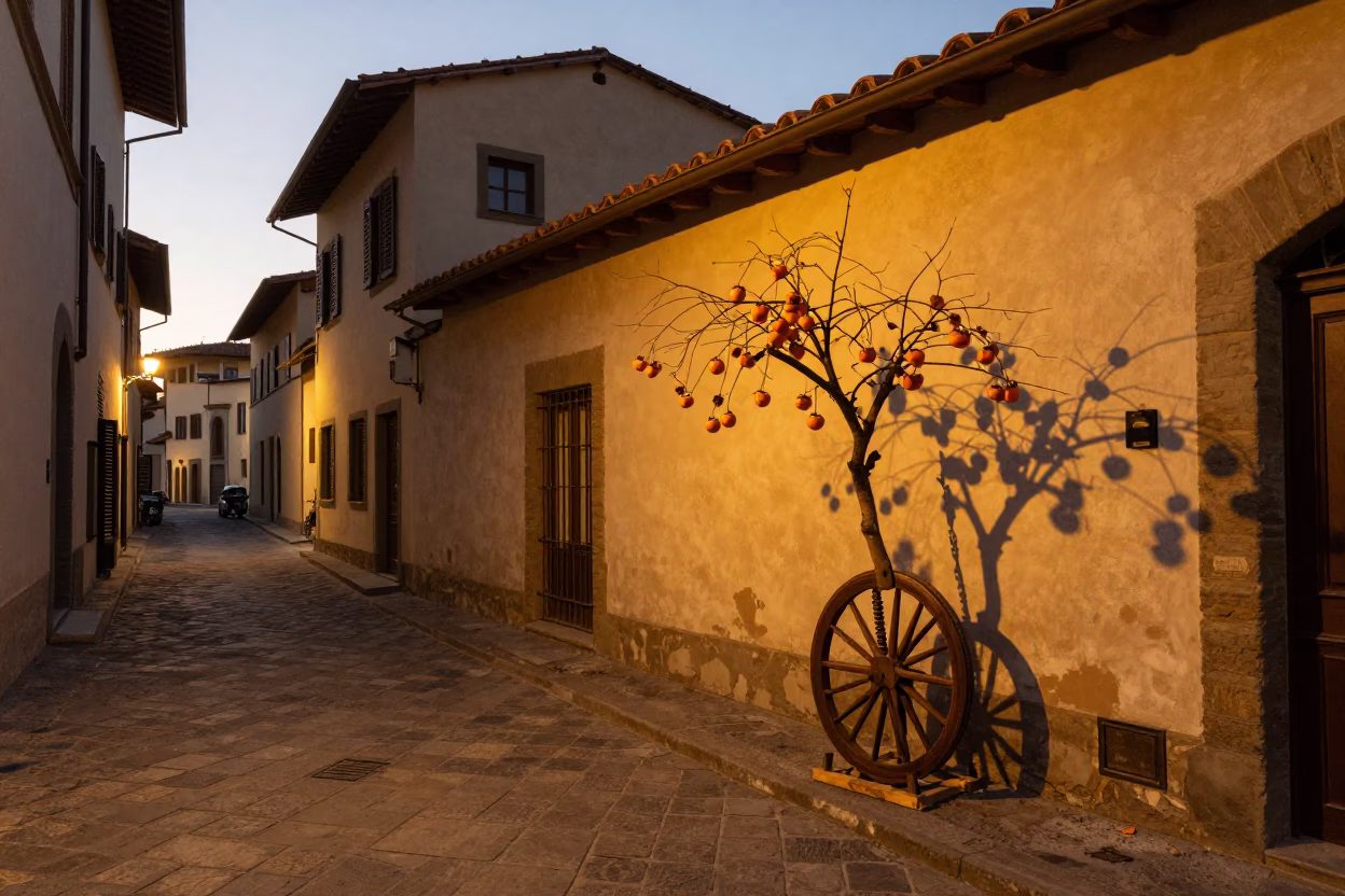 Evening Street Scene in Florence Italy with Persimmons and Traditional Spindle Chair in in Florence, Italy