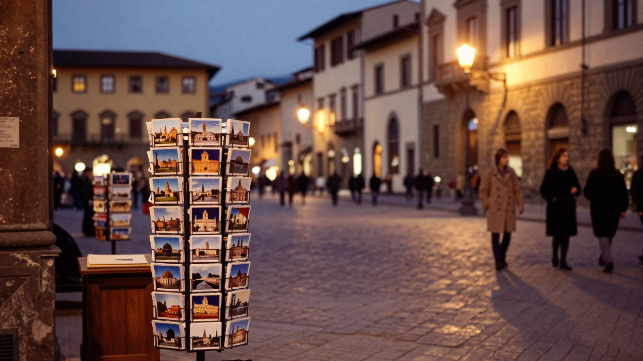Evening Street Scene in Florence Italy with Postcards and Coats in in Florence, Italy