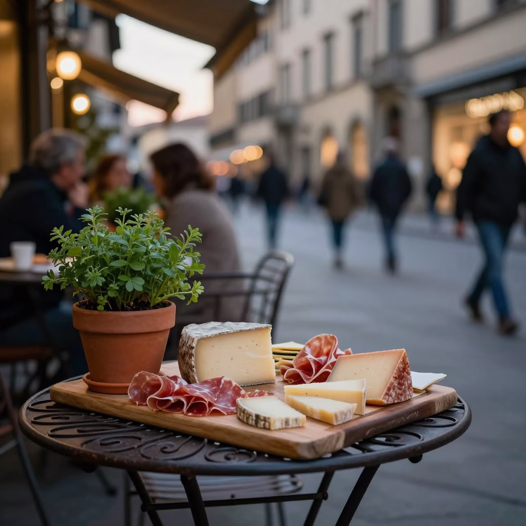 Evening Street Scene in Florence Italy with Potted Herbs and Charcuterie in in Florence, Italy