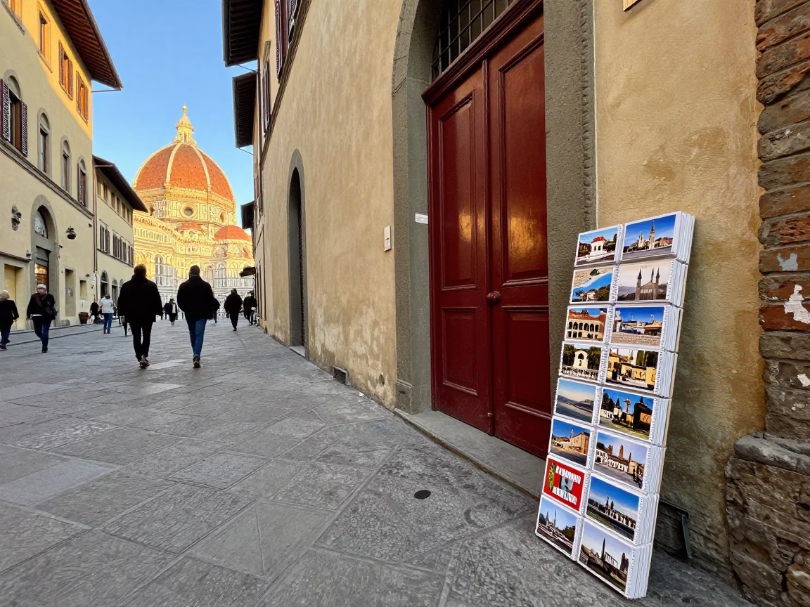 Evening Street Scene in Florence Italy with Red Lacquered Wood and Postcards in in Florence, Italy