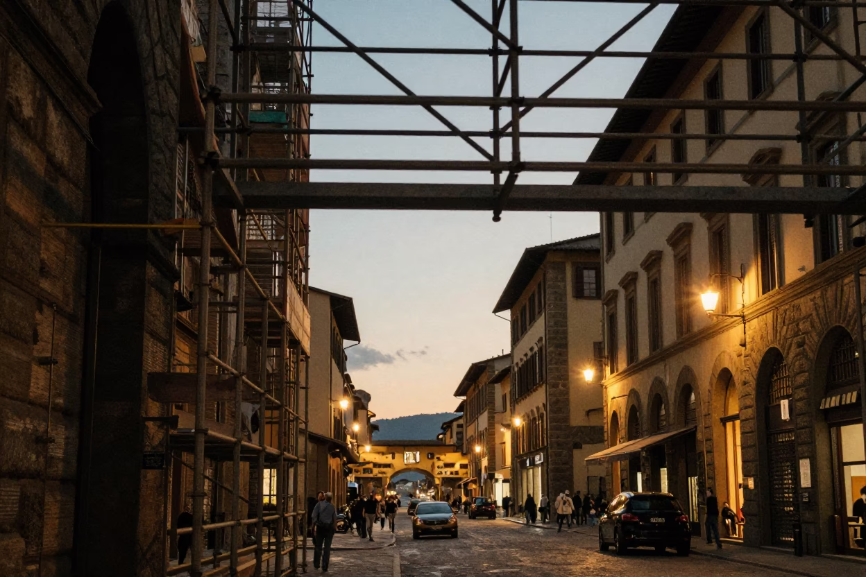 Evening Street Scene in Florence Italy with Scaffolding and Local Life in in Florence, Italy