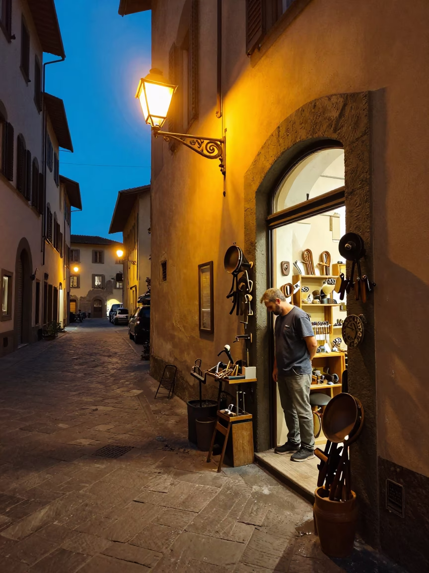 Evening Street Scene in Florence Italy with Shopkeeper and Vintage Tools in in Florence, Italy