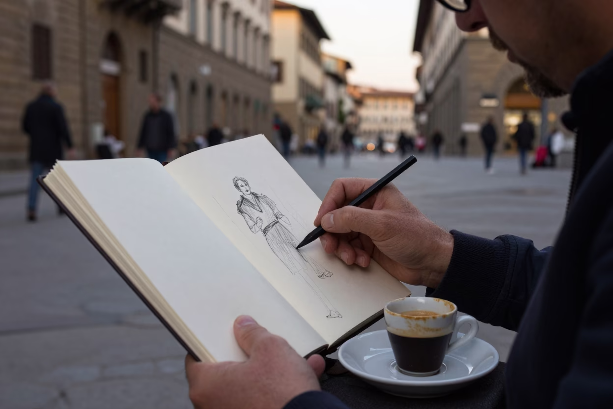 Evening Street Scene in Florence Italy with Sketchbook and Porcelain Plate in in Florence, Italy