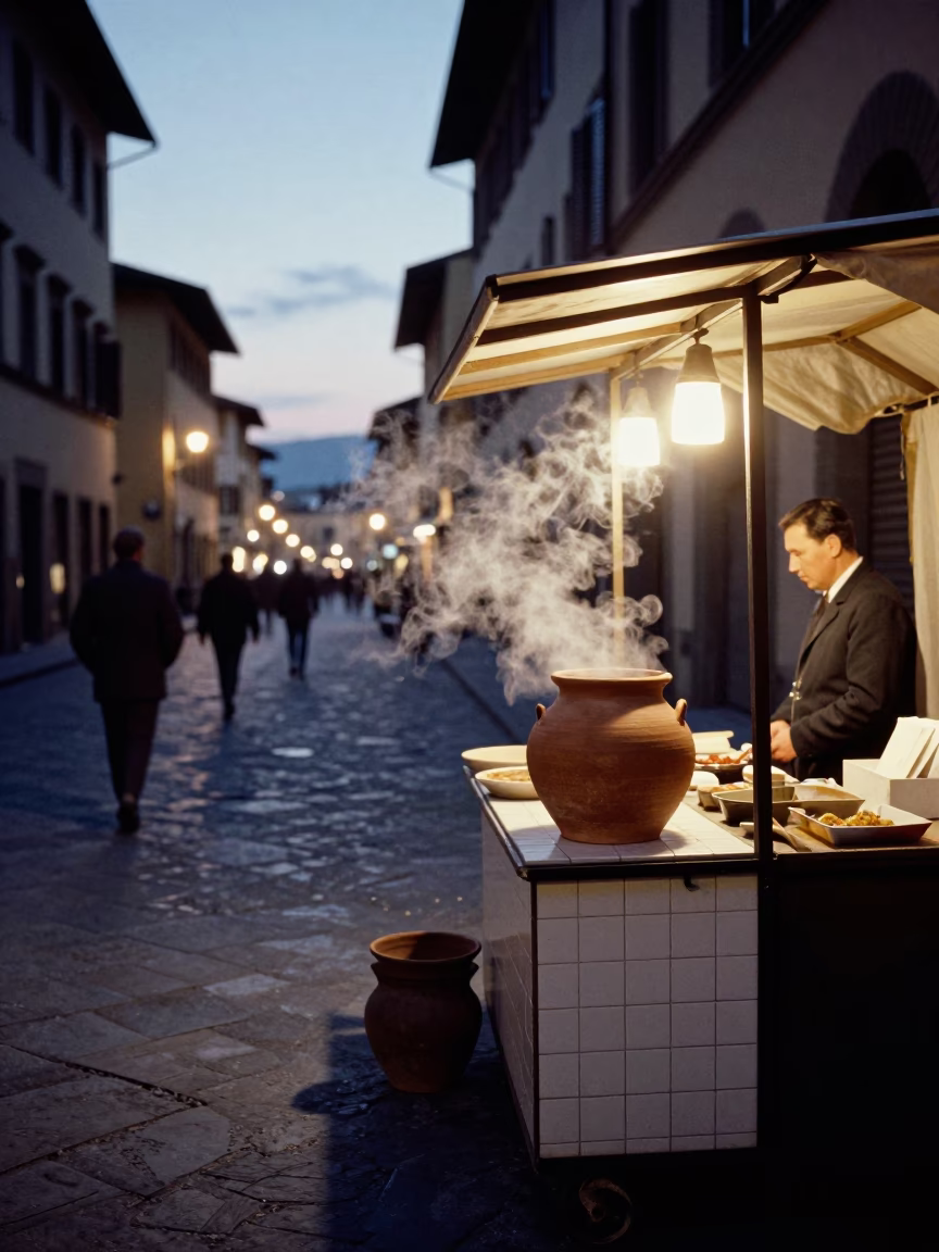 Evening Street Scene in Florence Italy with Steam and Clay Pot in in Florence, Italy