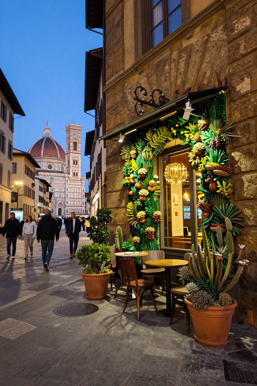 Evening Street Scene in Florence Italy with Succulent Cafe Wall and Local Interaction in in Florence, Italy