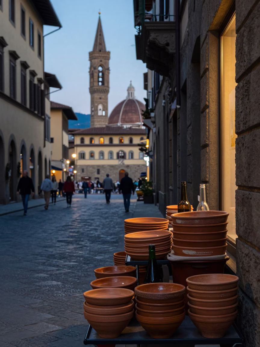 Evening Street Scene in Florence Italy with Terracotta Bowls and Bottle in in Florence, Italy