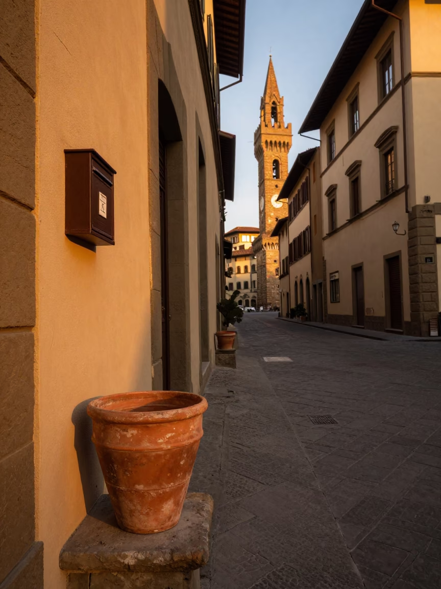 Evening Street Scene in Florence Italy with Terracotta Pot and Mailbox in in Florence, Italy