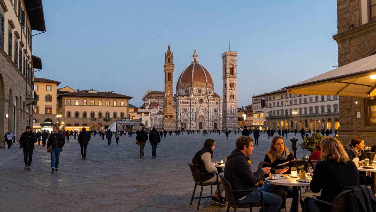 Evening street scene in Florence Italy with tourists and historic architecture in in Florence, Italy