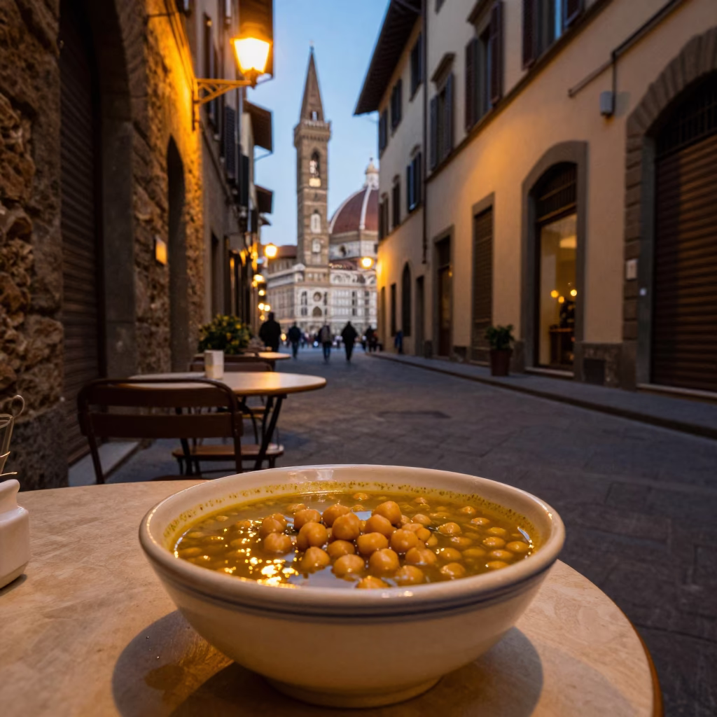 Evening Street Scene in Florence Italy with Traditional Ceramic Bowl and Stone Architecture in in Florence, Italy