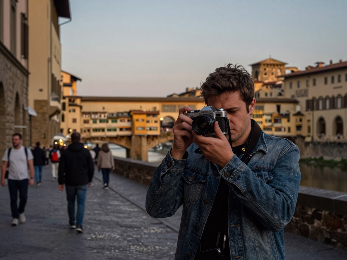 Evening Street Scene in Florence Italy with Vintage Camera and Urban Life in in Florence, Italy