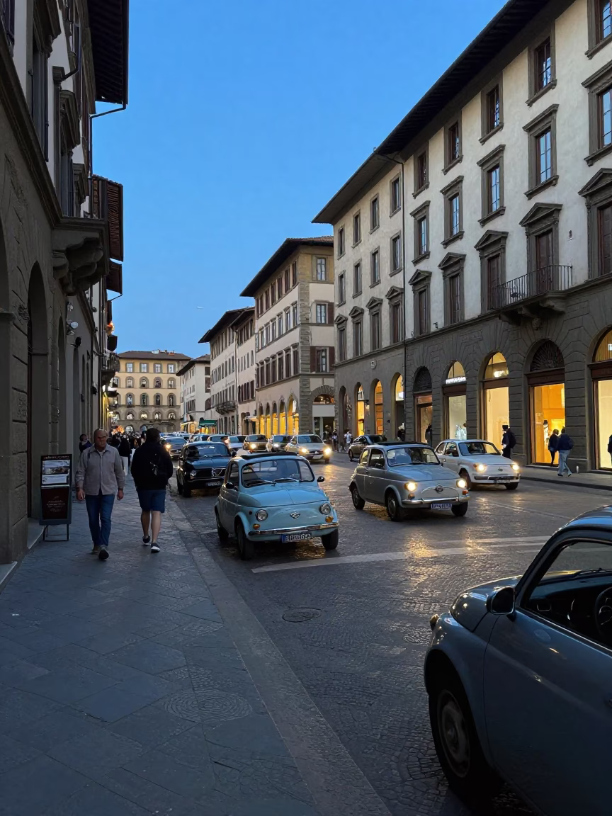 Evening Street Scene in Florence Italy with Vintage Cars and Historic Architecture in in Florence, Italy