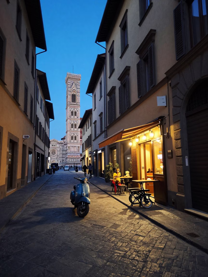 Evening Street Scene in Florence Italy with Vintage Scooter and Folding Stools in in Florence, Italy
