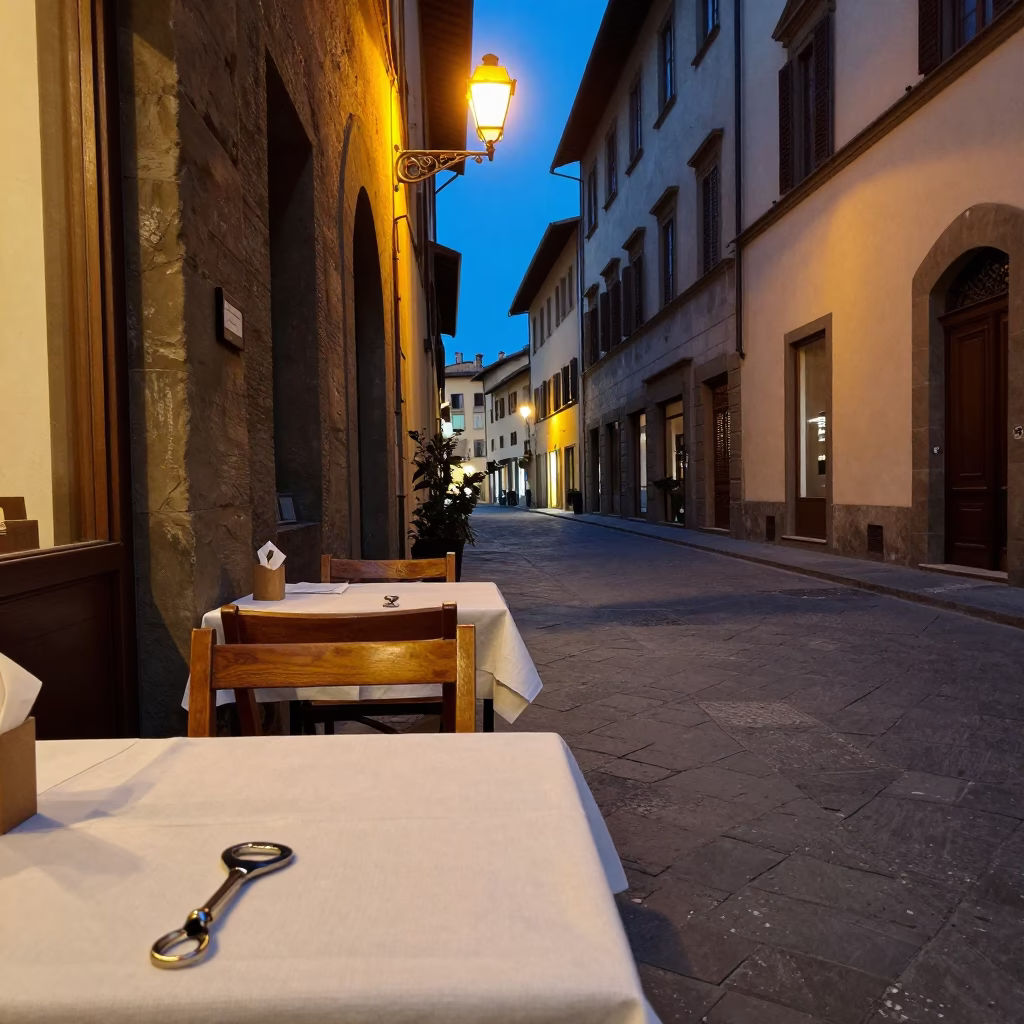 Evening Street Scene in Florence Italy with Wine Opener and Local Diner in in Florence, Italy
