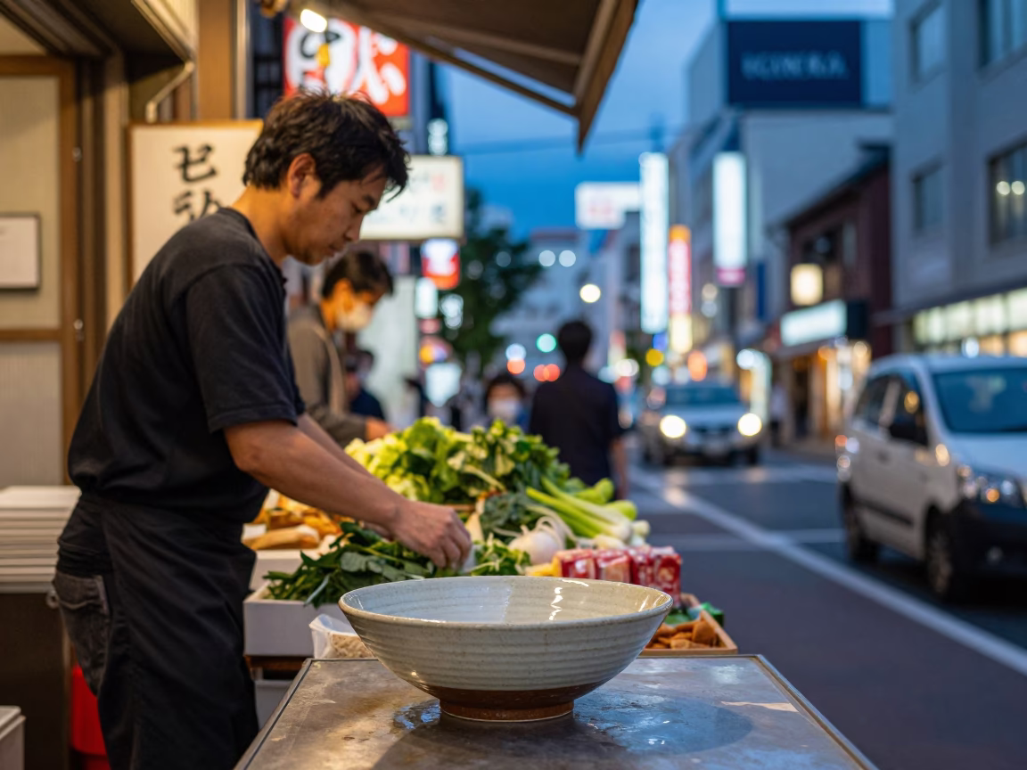 Evening Street Scene in Fukuoka Japan with Ceramic Bowl and City Lights in in Fukuoka, Japan