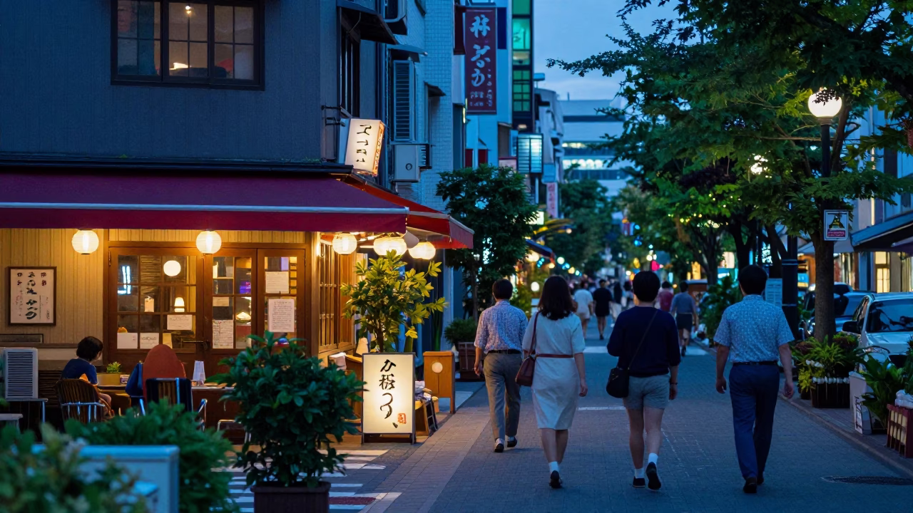 Evening Street Scene in Fukuoka Japan with Colorful Cafe and Blue Light in in Fukuoka, Japan