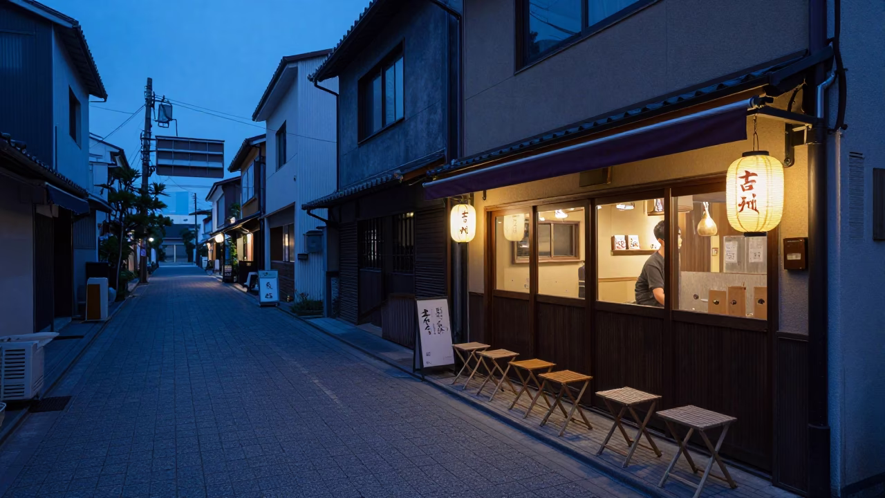 Evening Street Scene in Fukuoka Japan with Folding Stools and Dusk Light in in Fukuoka, Japan