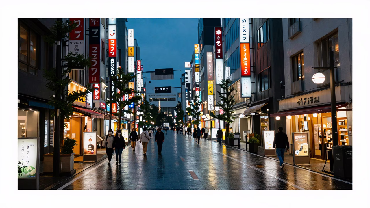 Evening Street Scene in Fukuoka Japan with Glowing City Lights and Urban Details in in Fukuoka, Japan