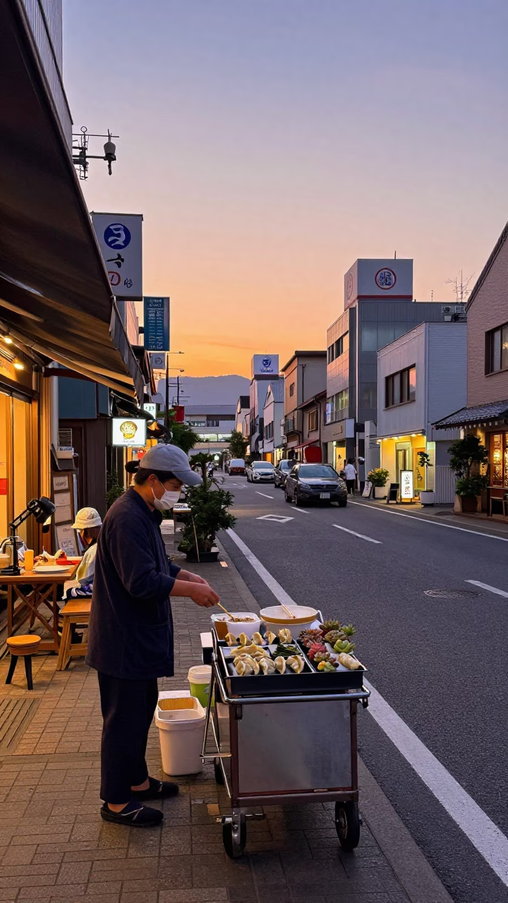 Evening street scene in Fukuoka Japan with gyoza and succulents at sunset in in Fukuoka, Japan