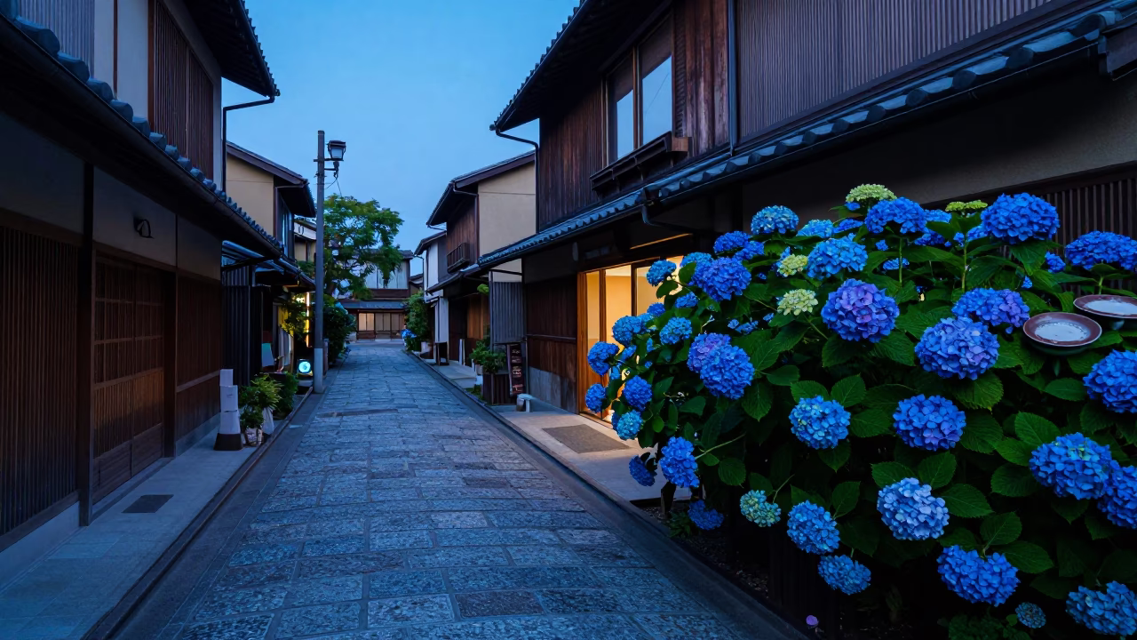 Evening Street Scene in Fukuoka Japan with Hydrangea Bush and Dish Rack in in Fukuoka, Japan