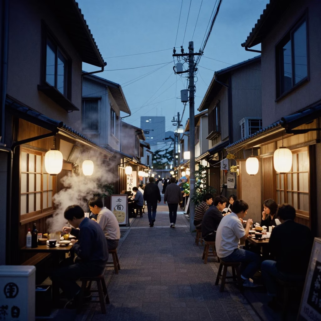 Evening Street Scene in Fukuoka Japan with Local Diners and Urban Atmosphere in in Fukuoka, Japan