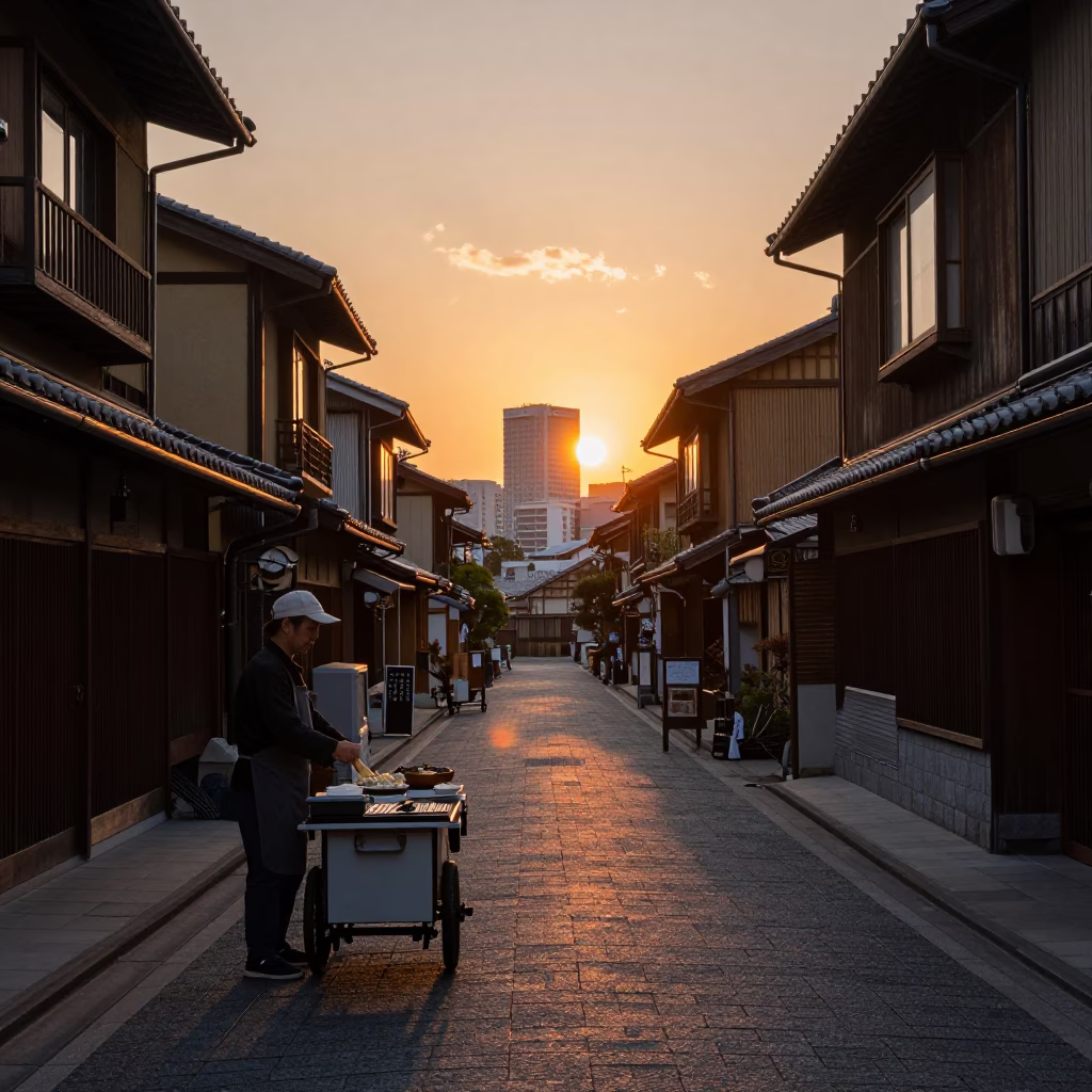 Evening Street Scene in Fukuoka Japan with Mandu Dumplings and Traditional Architecture in in Fukuoka, Japan
