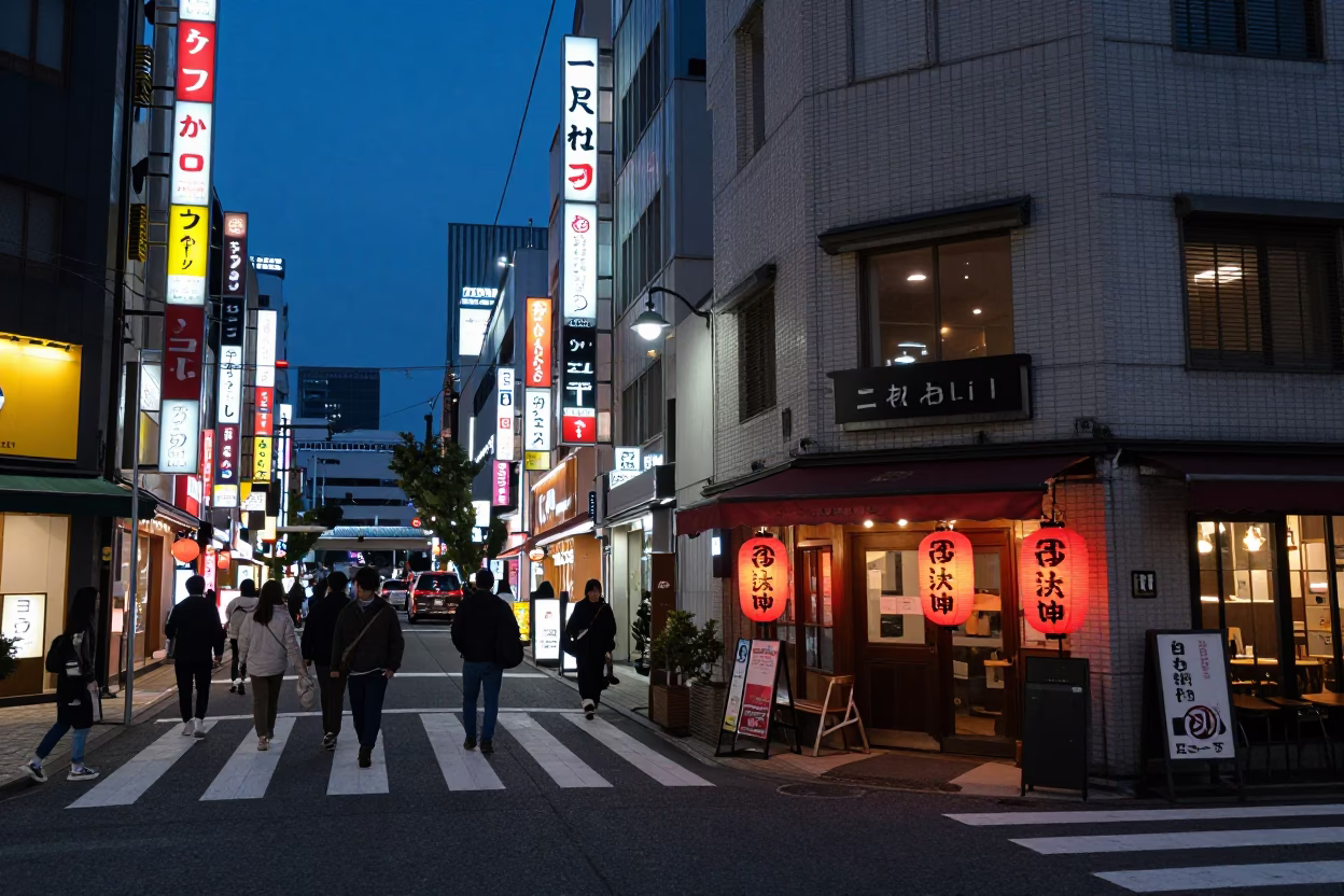 Evening Street Scene in Fukuoka Japan with Neon Lights and Local Diners in in Fukuoka, Japan