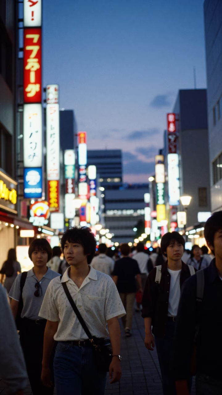 Evening Street Scene in Fukuoka Japan with Neon Lights and Urban Fashion in in Fukuoka, Japan