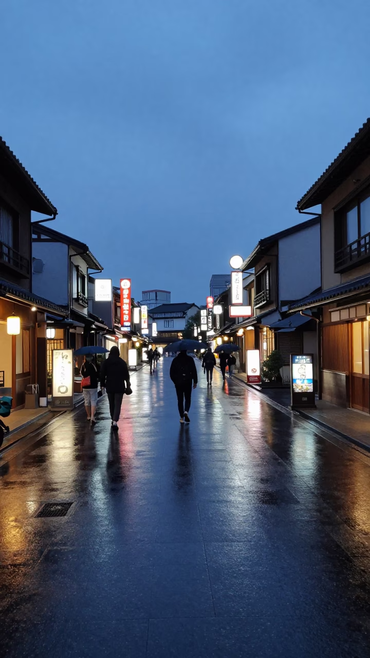 Evening Street Scene in Fukuoka Japan with Rain-Slicked Pavement and Traditional Lanterns in in Fukuoka, Japan