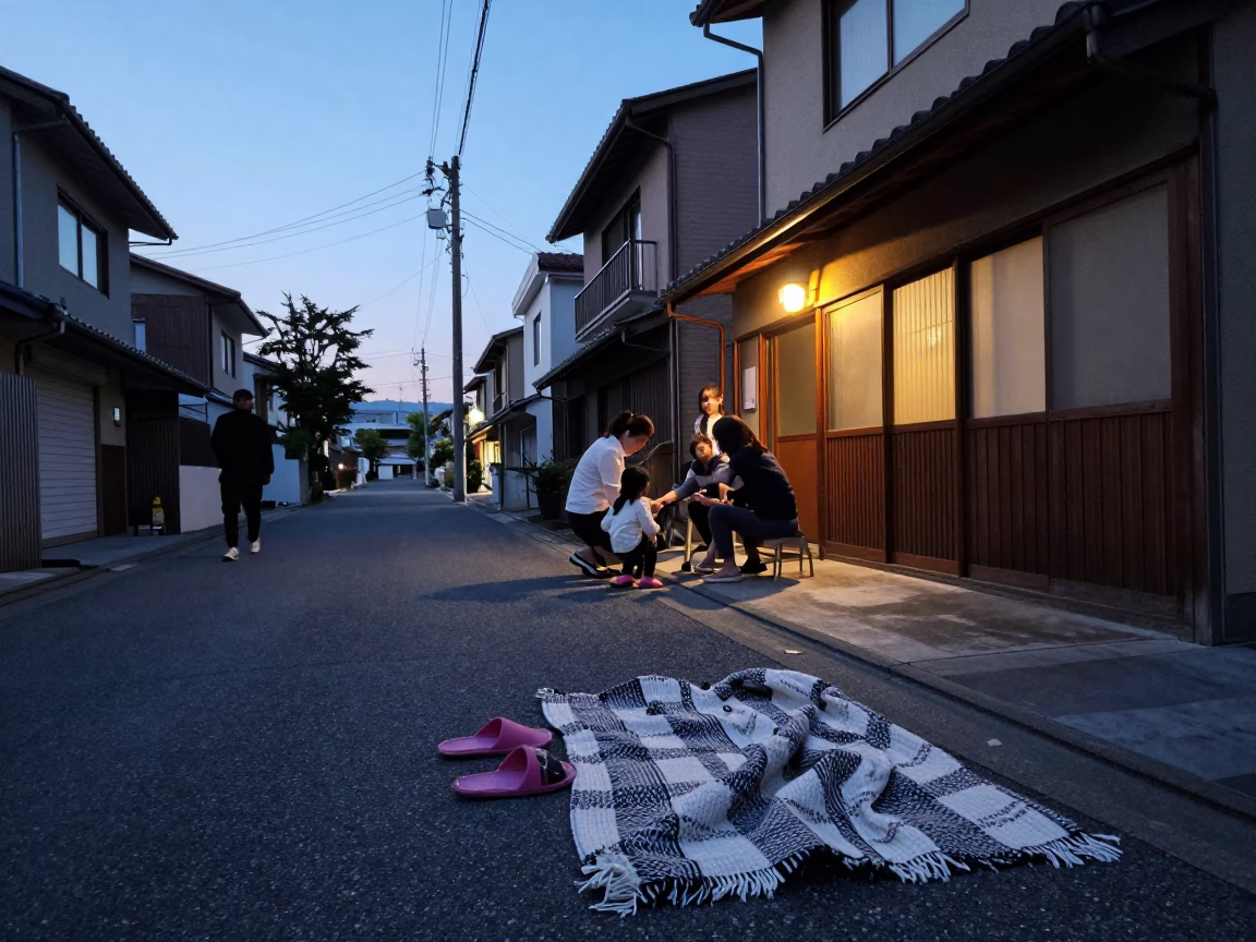 Evening Street Scene in Fukuoka Japan with Slippers and Blanket in in Fukuoka, Japan